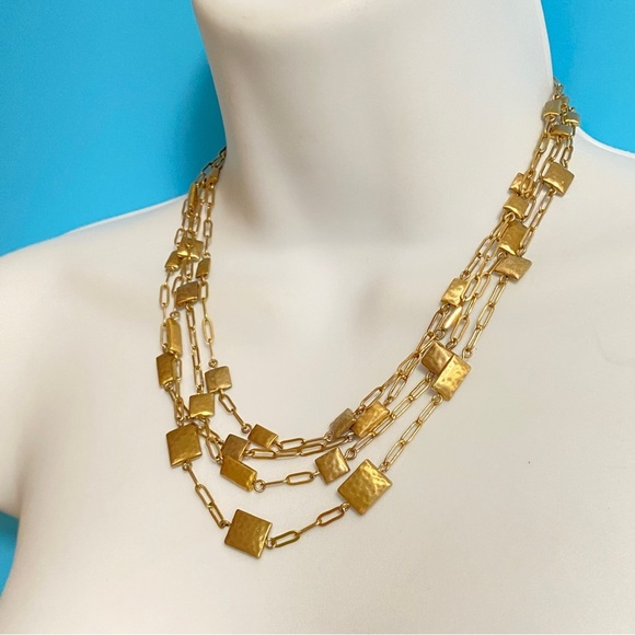 Gold Tone Multi-Strand Chain Hammered Statement Necklace - Picture 8 of 8
